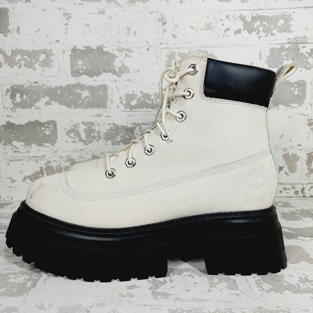 Timberland White Leather Combat Boots with Rugged Sole